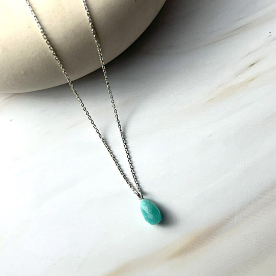 925 Silver GII Certified Amazonite Tear Drop Natural Gemstone Pendant Necklace