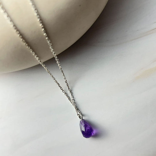 925 Silver GII Certified Amethyst Tear Drop Natural Gemstone Pendant Necklace