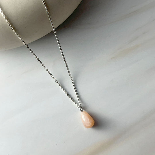 925 Silver GII Certified Peach Moonstone Tear Drop Natural Gemstone Pendant Necklace