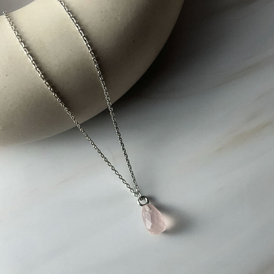 925 Silver GII Certified Rose Quartz Tear Drop Natural Gemstone Pendant Necklace