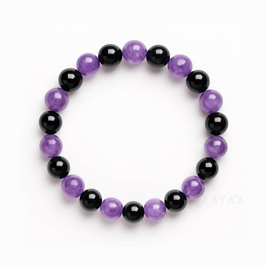Amethyst and Black Onyx Alternate Pattern Natural Stone Bracelet