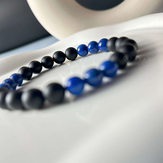 Tri Lapis Lazuli Triplet and Black Onyx Matte Natural Stone Bracelet