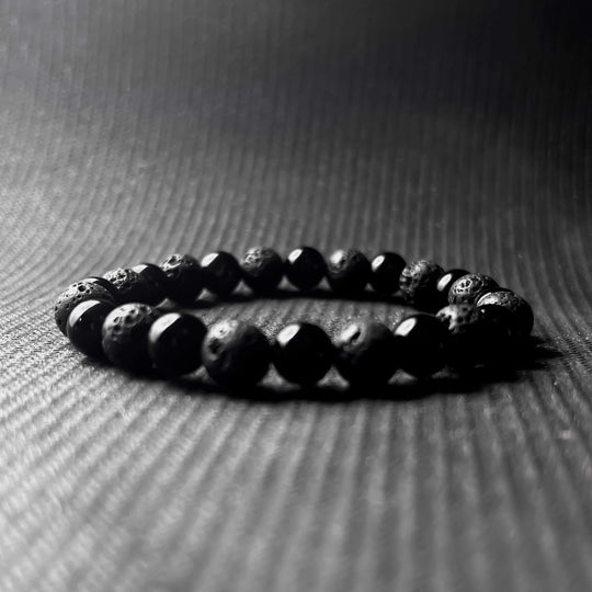 Lava and Black Onyx Alternate Pattern Natural Stone Bracelet