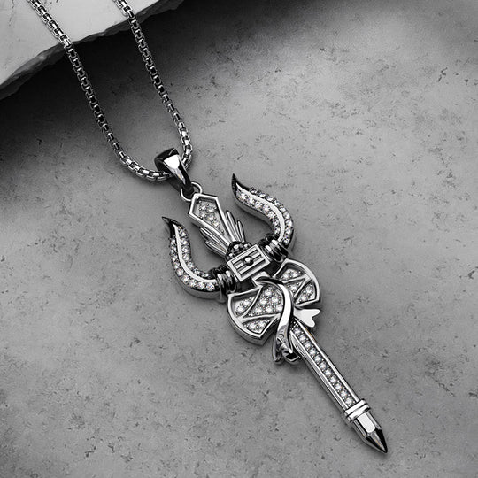 Lord Shiva Trishul Pendant | 925 Sterling Silver, AAA Grade Cubic Zirconia, Rhodium Plating & Glossy Finish