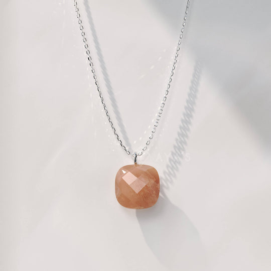 925 Silver GII Certified Peach Moonstone Cushion Natural Gemstone Pendant Necklace