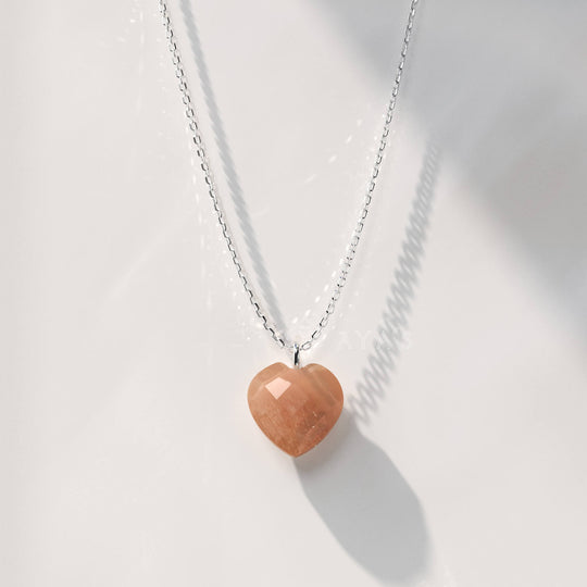 925 Silver GII Certified Peach Moonstone Heart Natural Gemstone Pendant Necklace