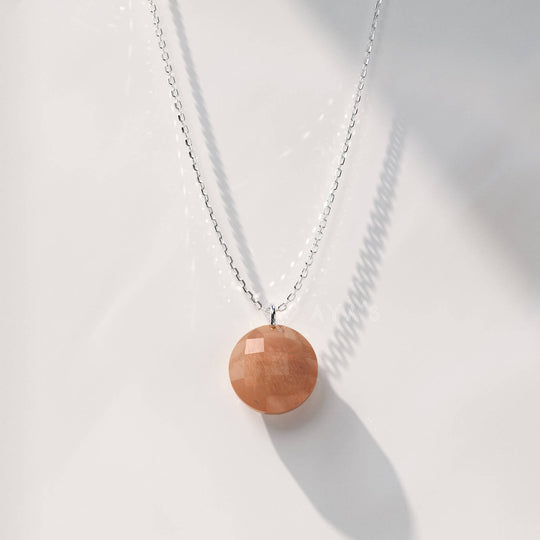 925 Silver GII Certified Peach Moonstone Round Natural Gemstone Pendant Necklace