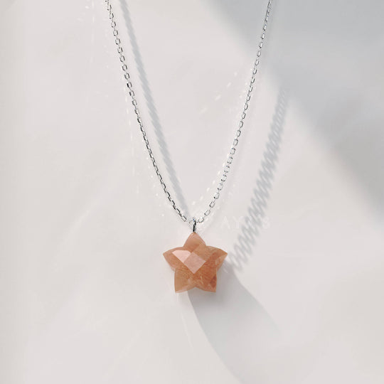 925 Silver GII Certified Peach Moonstone Star Natural Gemstone Pendant Necklace