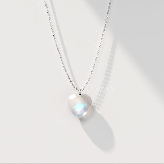 925 Silver GII Certified Rainbow Moonstone Heart Natural Gemstone Pendant Necklace