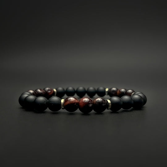 Tri Red Tiger Eye Triplet with Metallic End and Black Onyx Matte Natural Stone Bracelet