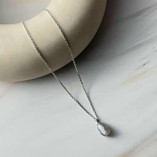 925 Silver GII Certified Grey Moonstone Tear Drop Natural Gemstone Pendant Necklace