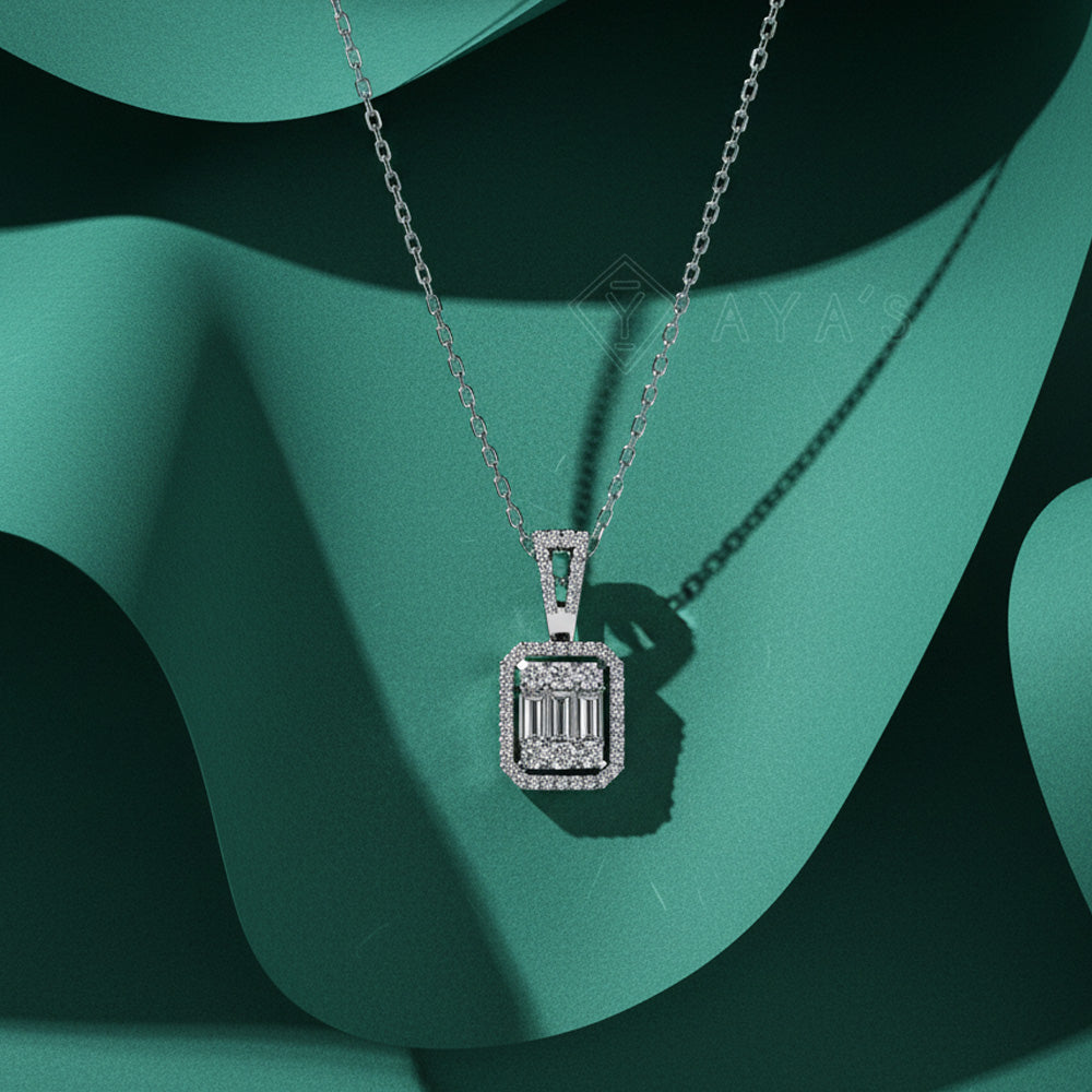 Emerald Cut Halo Pendant Necklace