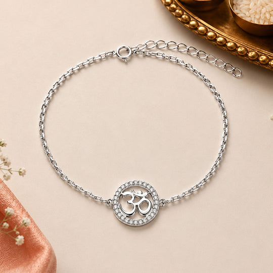 925 Silver Iced Halo Om Chain Bracelet Rakhi