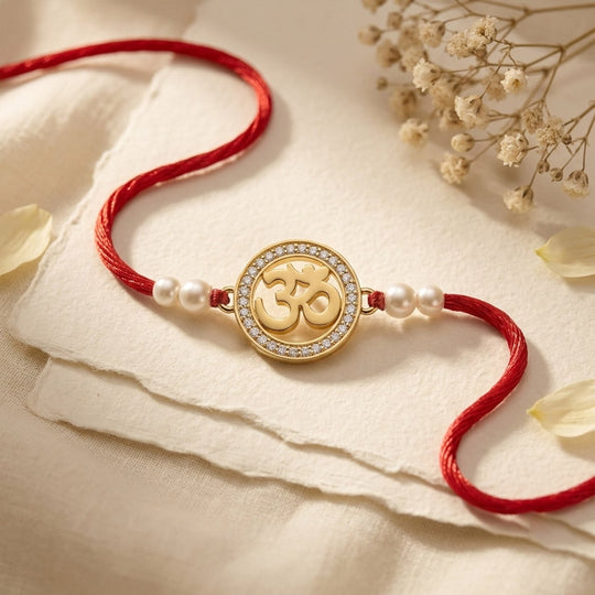 18 Kt Gold Plated Demifine Iced Halo Om Rakhi