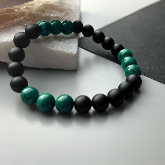 Tri Malachite Triplet and Black Onyx Matte Natural Stone Bracelet