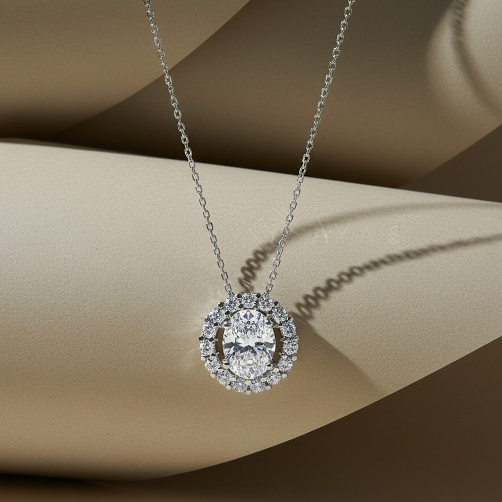 Oval Pave Halo Pendant Necklace