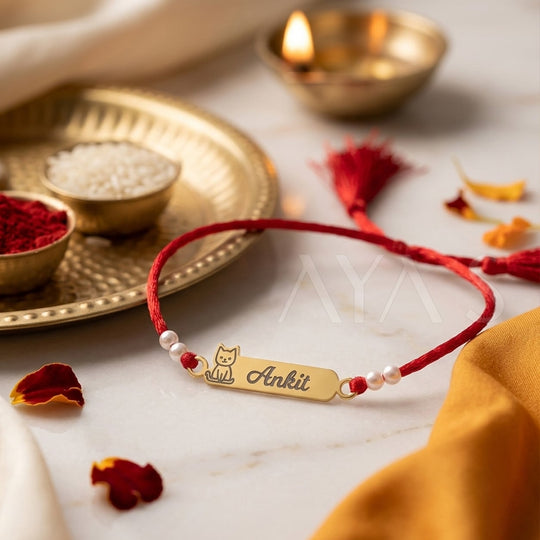18 Kt Gold Plated Demifine Personalised Cat Kids Rakhi