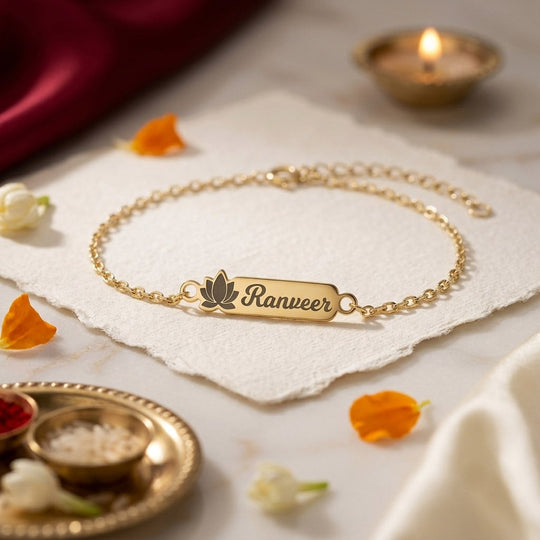 925 Silver Personalised Divine Lotus Crest Chain Bracelet Rakhi