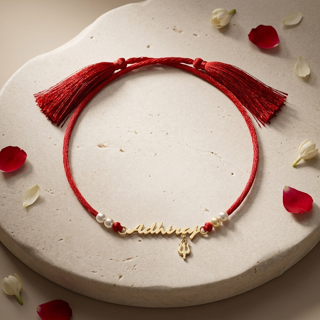 18 Kt Gold Plated Demifine Personalised Sacred Signature Trishul Rakhi