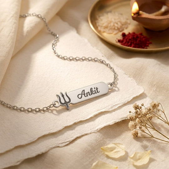 925 Silver Personalised Trishul Chain Bracelet Rakhi