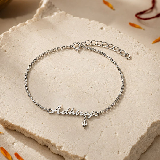 925 Silver Personalised Sacred Signature Trishul Chain Bracelet Rakhi