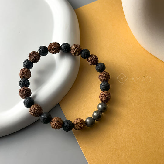 Rudraksha and Lava Alternate Pattern with Pyrite Triplet Natural Stone Bracelet