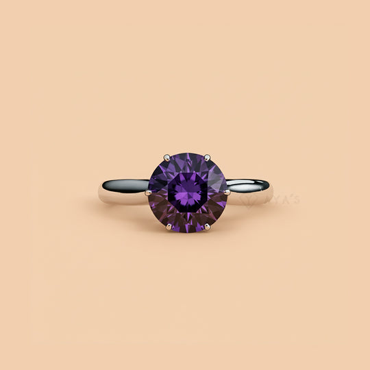925 Silver Airelle Round Amethyst Natural Gemstone Solitaire Ring