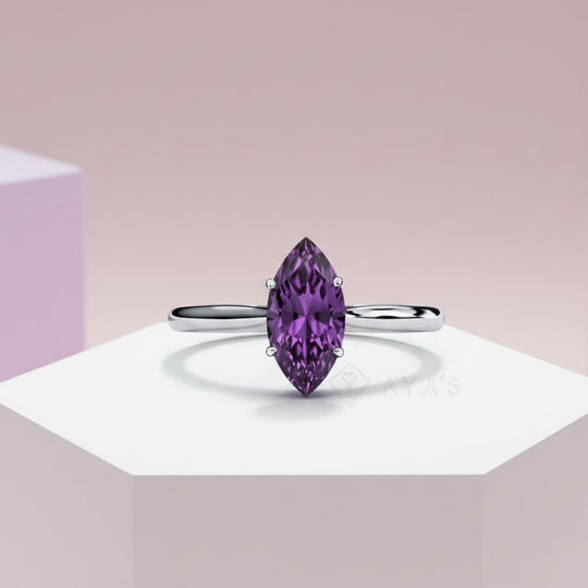 925 Silver Marqis Amethyst Natural Gemstone Solitaire Ring