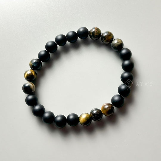 Tri Yellow Tiger Eye Triplet and Black Onyx Matte Natural Stone Bracelet